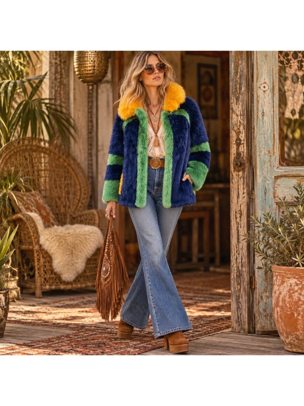 Vintage 70s Furs by Max San Francisco Blue Green Yellow Sheepskin Coat S